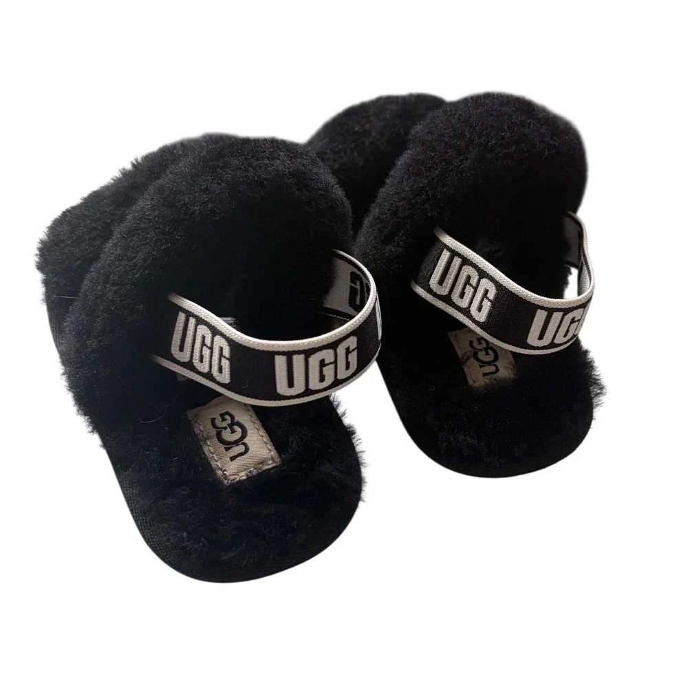 UGG Toddler Fluff Yeah Slide Black‎ Sheepskin Slingback Sandals 1116636T Size 9